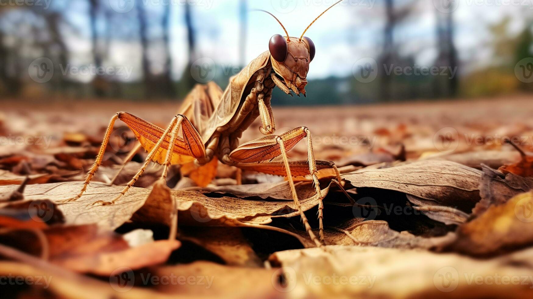 ai generado foto de muerto hoja mantis en un suelo. generativo ai