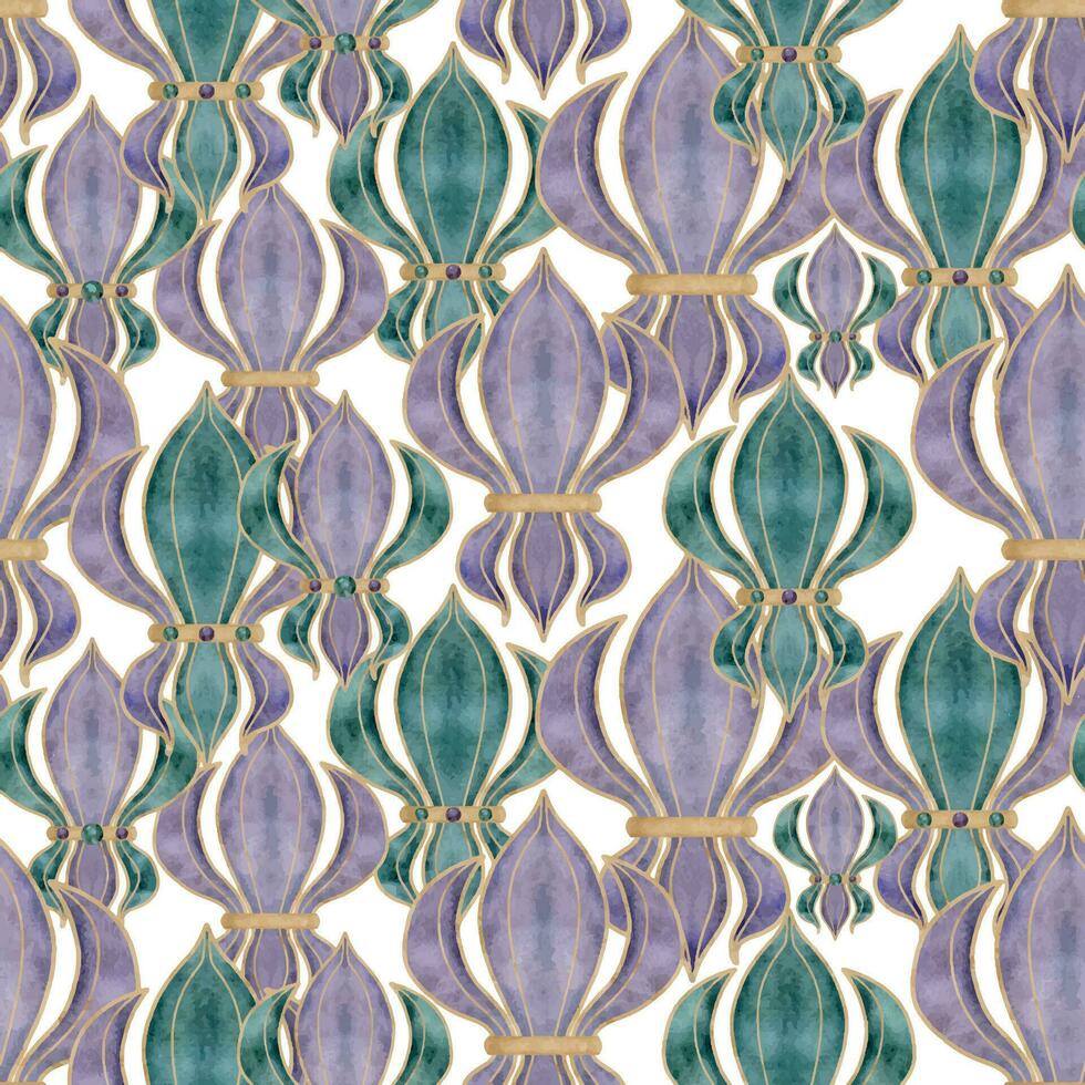Hand drawn watercolor Mardi Gras carnival symbol. Fleur de lis iris lily flower with glass beads baubles confetti. Seamless pattern isolated on white background. Design for party, print, shop, package vector
