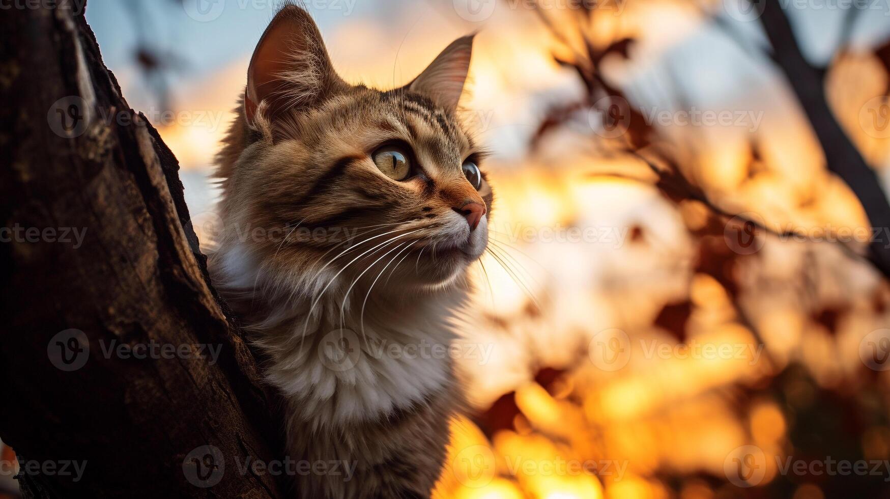 Photo of a cat perched on a tree branch against a sun. Generative AI