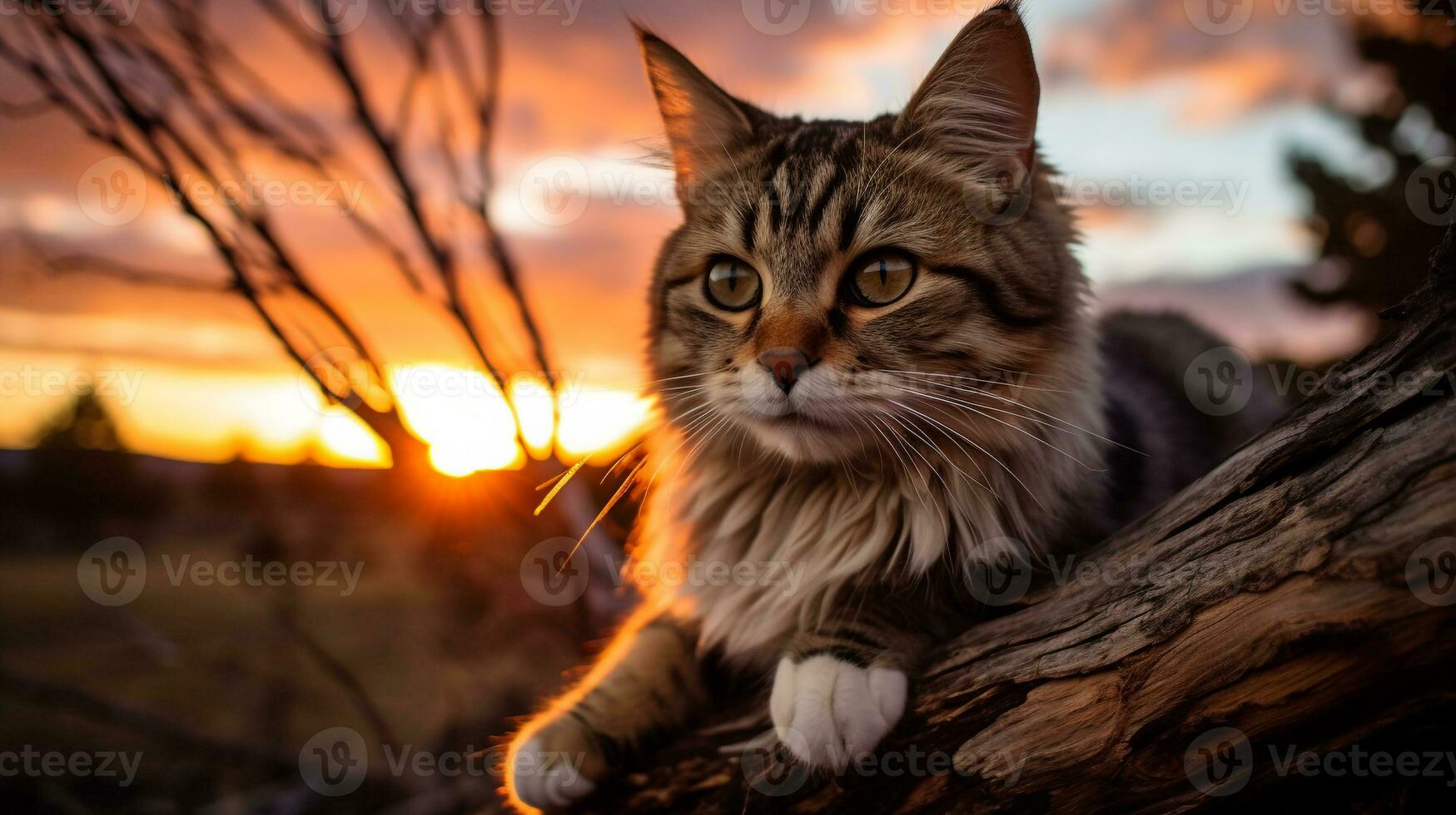 Photo of a cat perched on a tree branch against a sun. Generative AI