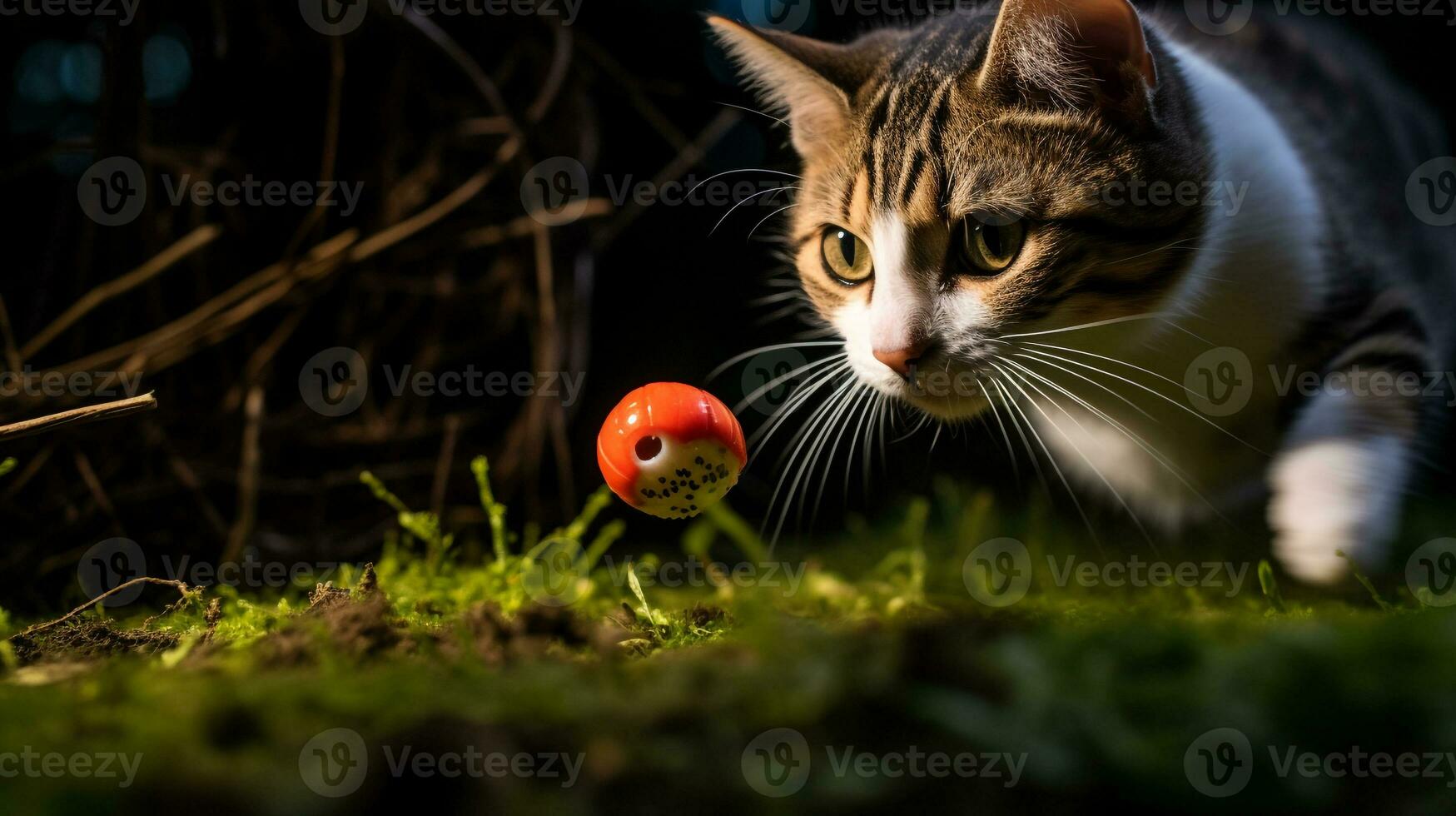 ai generado foto de un gato guata a un juguete ratón en un juguetón. generativo ai