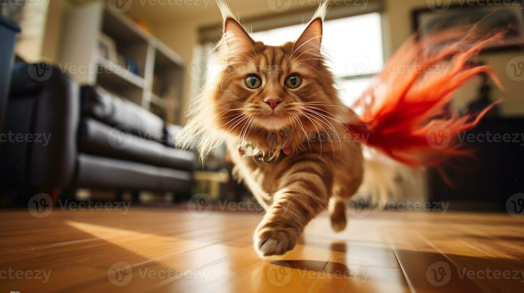 AI generated Photo of a playful cat chasing a feather toy. Generative AI