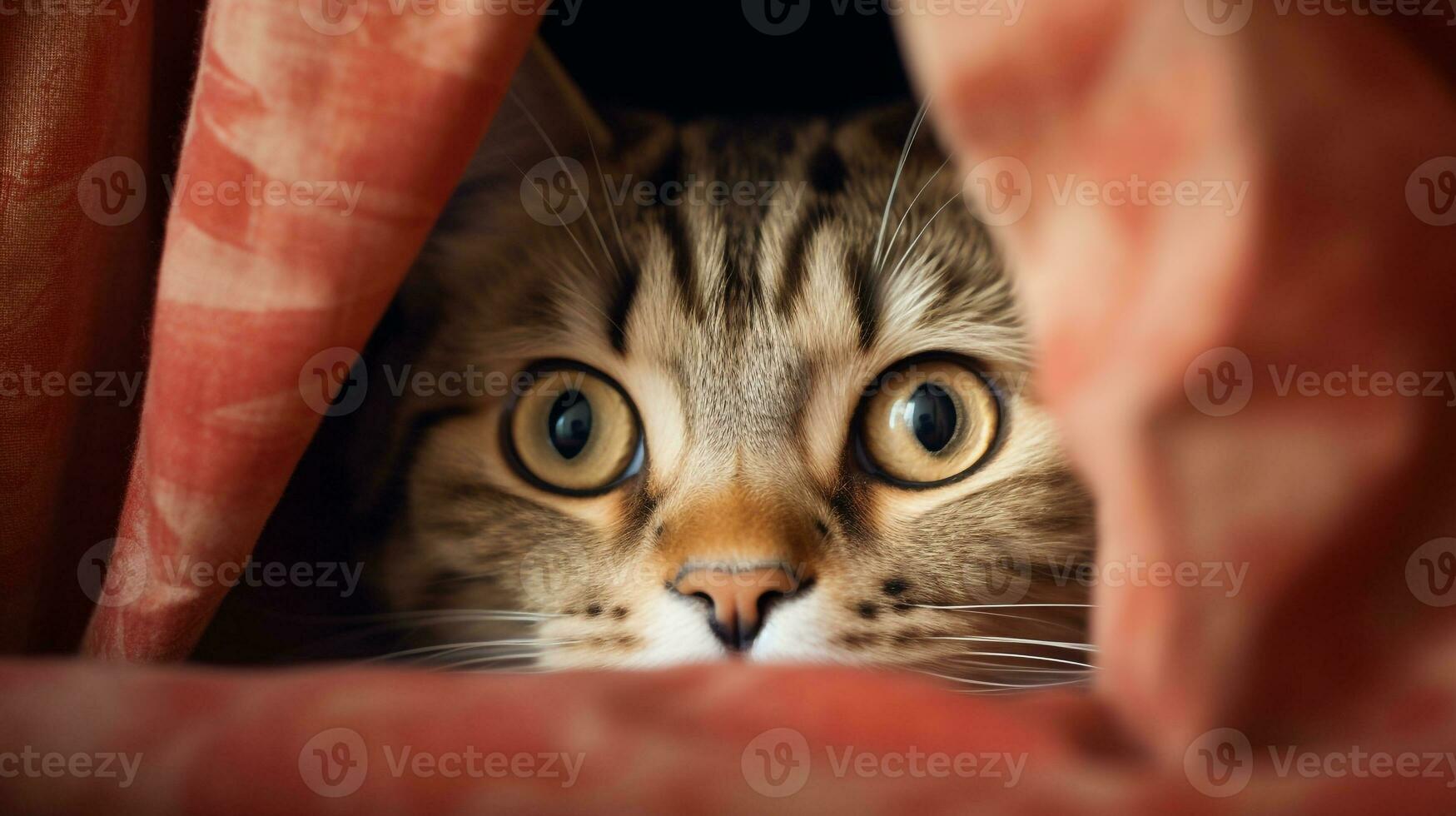 AI generated Photo of a cat peeking out from behind a curtain. Generative AI