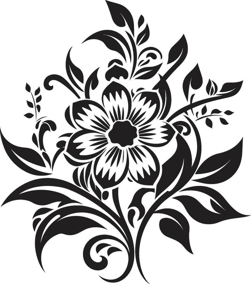 Intricate Petal Compositions Black Ornate Emblem Designs Whimsical Noir Blossom Impressions Invitation Card Icons vector
