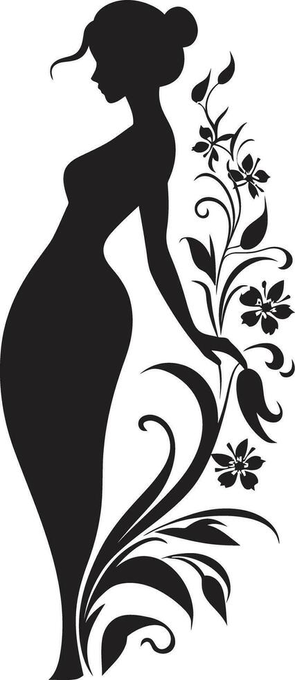 Abstract Flora Fusion Black Artistic Woman Blossom Emblem Elegant Botanical Ensemble Vector Woman in Full Floral Bloom