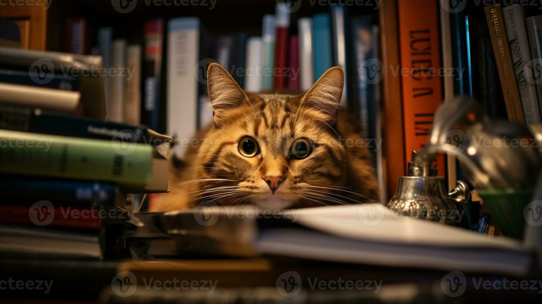 ai generado foto de un dañoso gato explorador un estante para libros. generativo ai