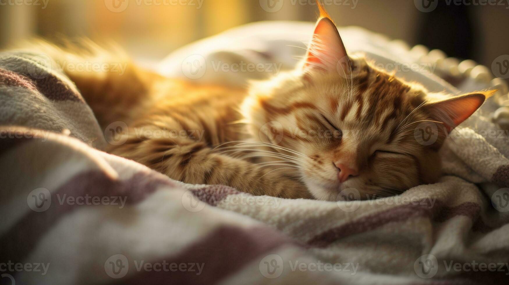 AI generated Photo of a sleepy cat curled up on a cozy blanket. Generative AI