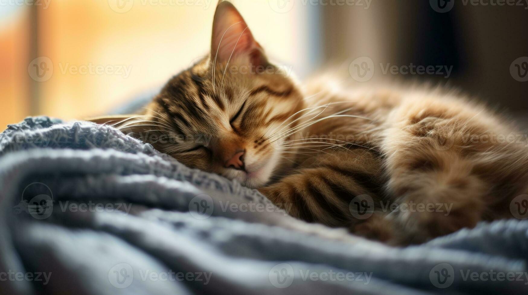 ai generado foto de un soñoliento gato rizado arriba en un acogedor frazada. generativo ai