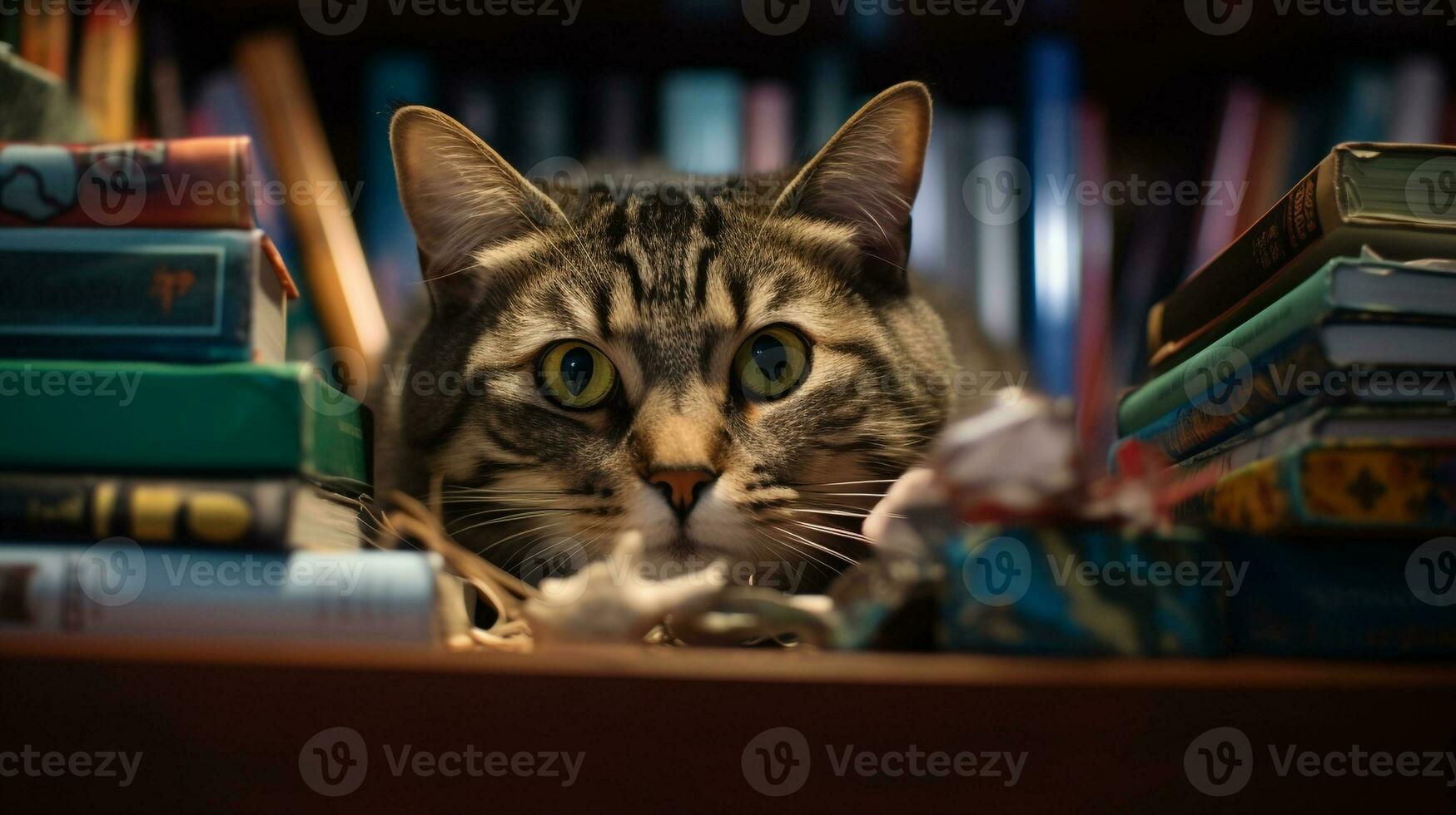 ai generado foto de un dañoso gato explorador un estante para libros. generativo ai