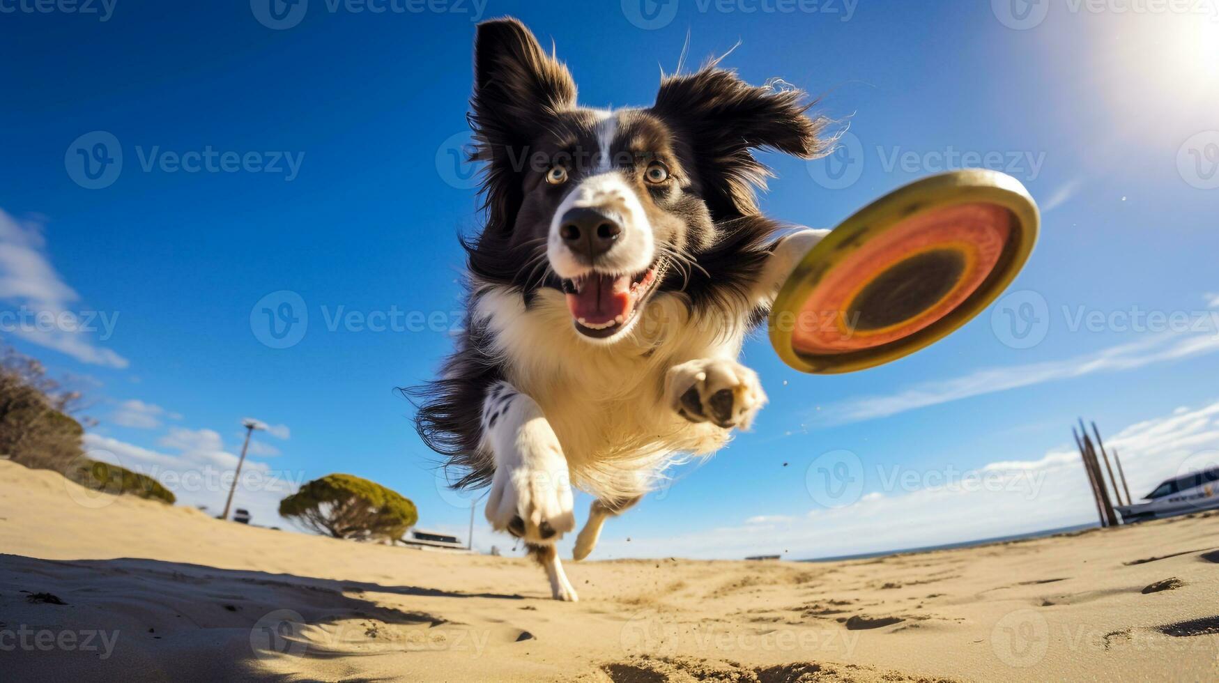 ai generado foto de un atlético perro participativo en un frisbee generativo ai