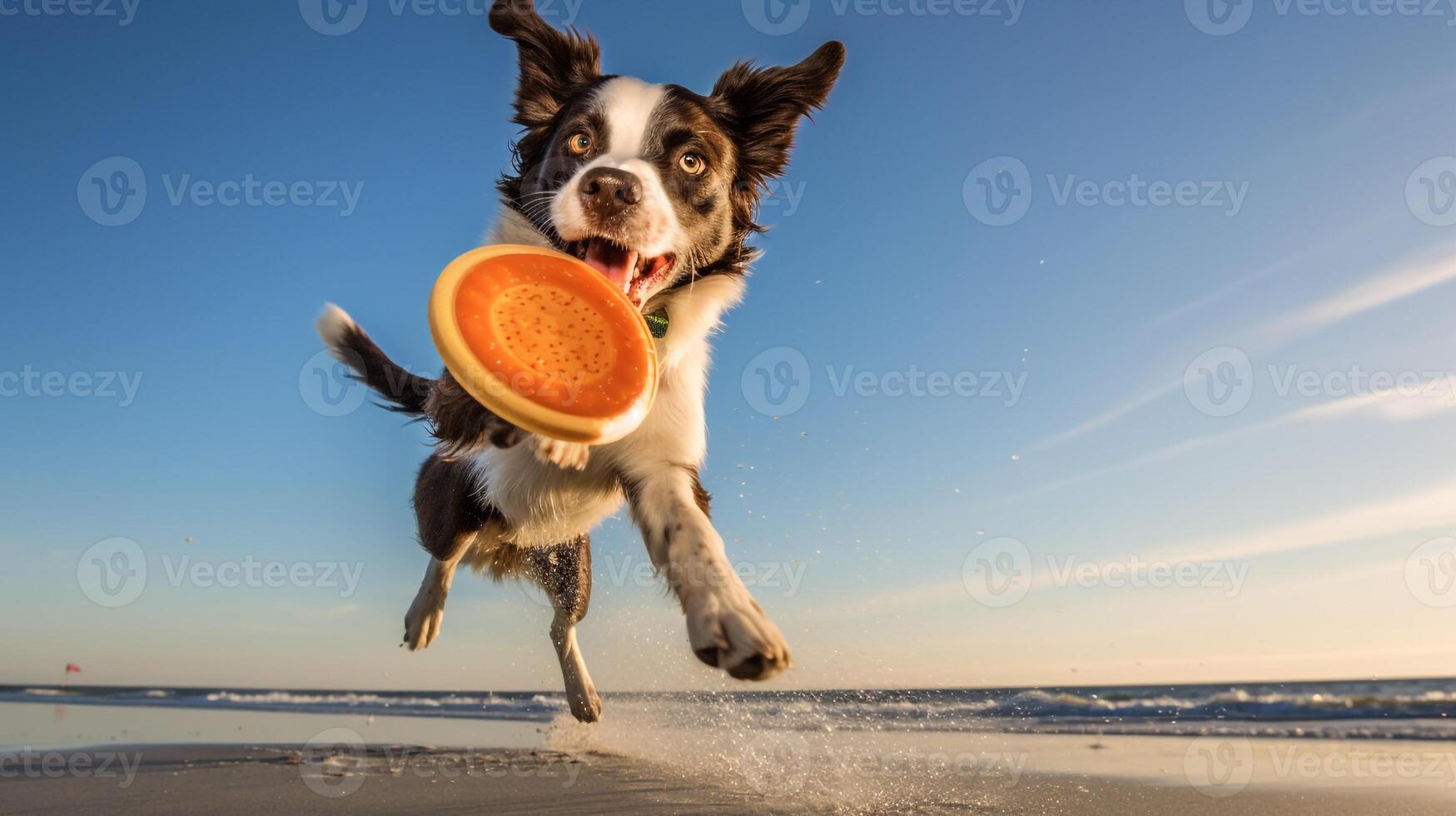 ai generado foto de un atlético perro participativo en un frisbee generativo ai