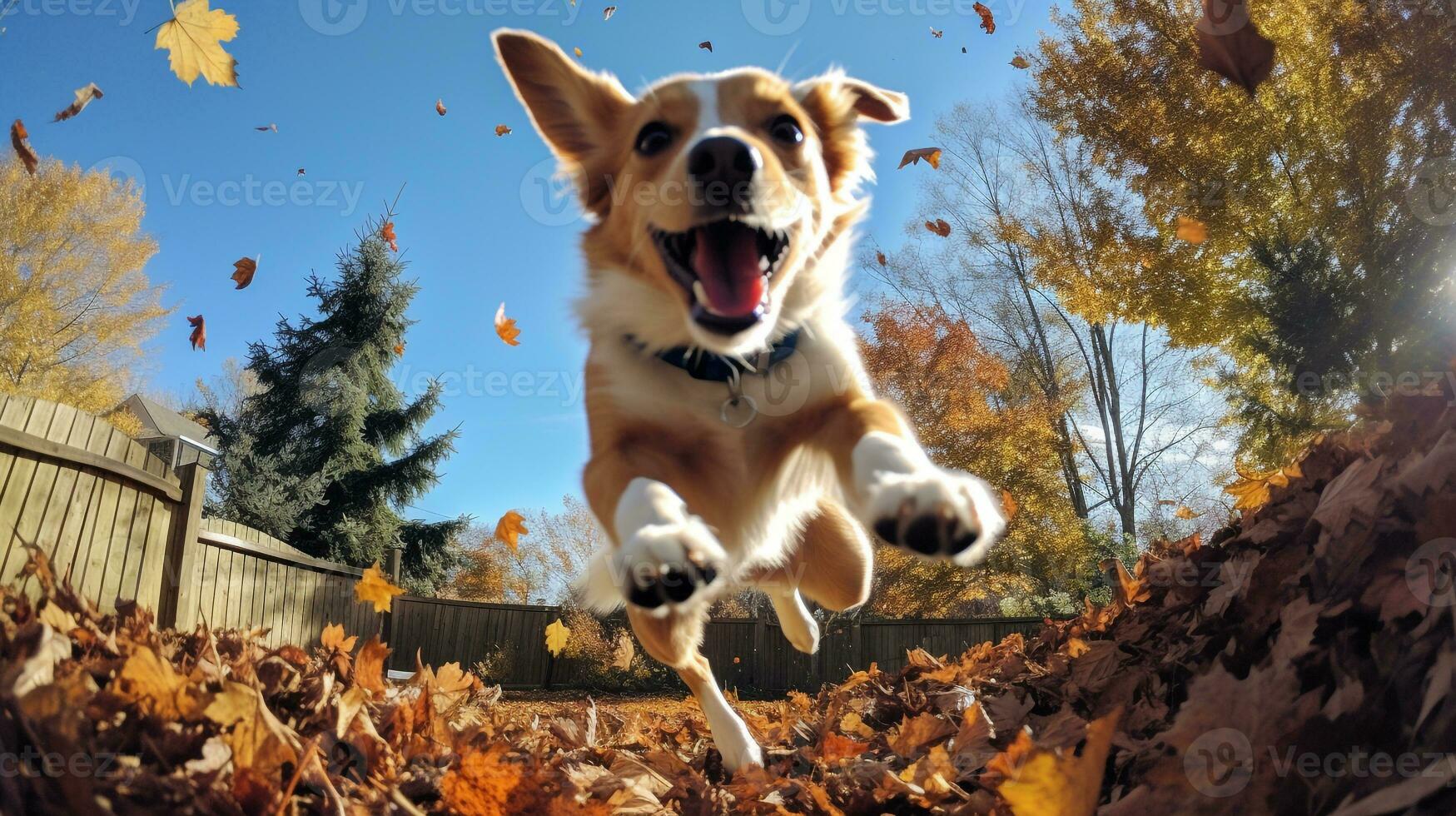 ai generado foto de un perro alegremente saltando dentro un pila de otoño hojas. generativo ai