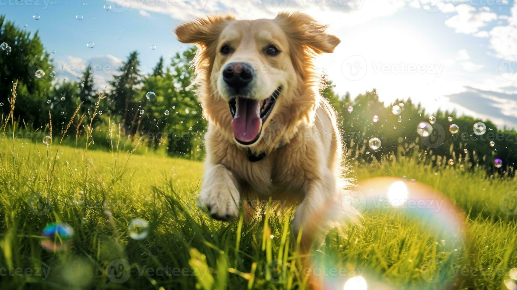 AI generated Photo of a playful dog chasing bubbles in a lush green. Generative AI