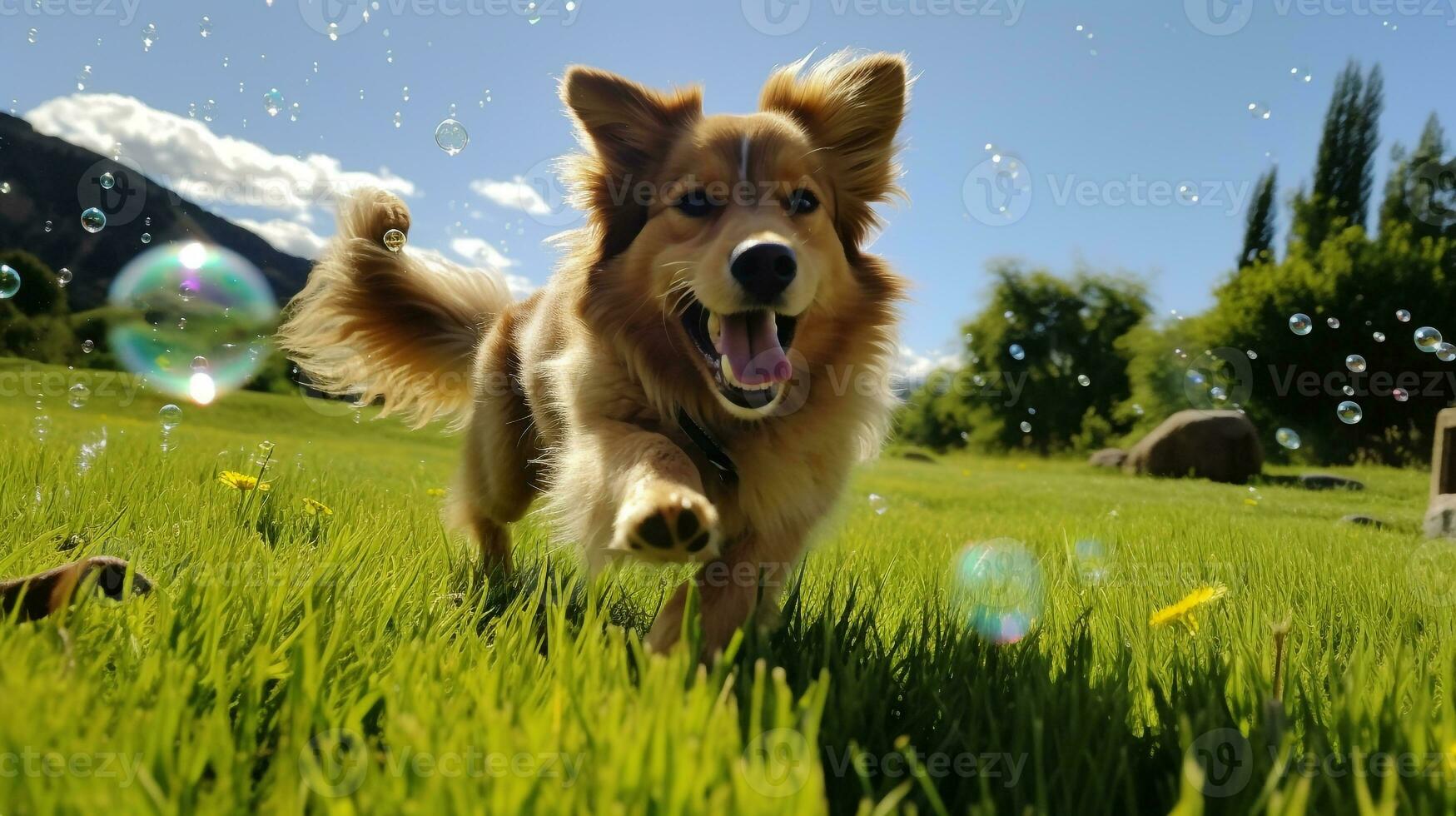 AI generated Photo of a playful dog chasing bubbles in a lush green. Generative AI