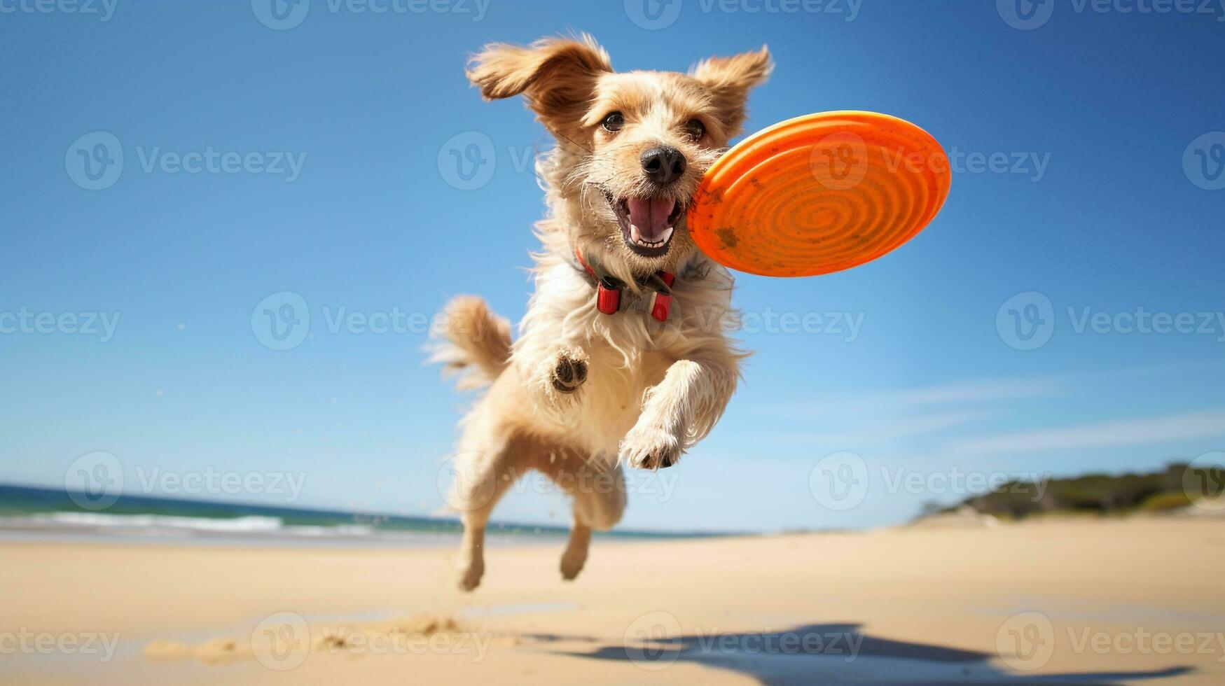 ai generado foto de un atlético perro participativo en un frisbee generativo ai