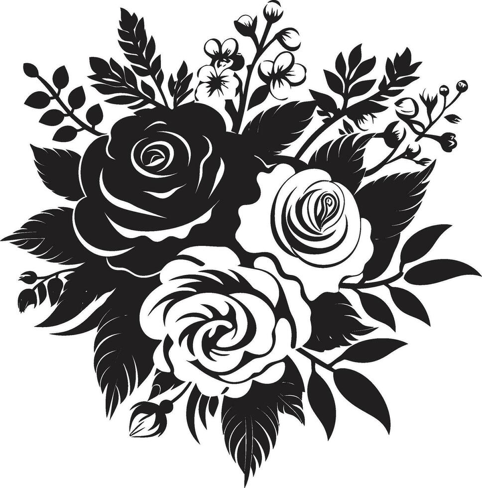Harmonious Bouquet Fusion Black Icon Design Elegant Petal Cluster Decorative Black Floral Logo vector
