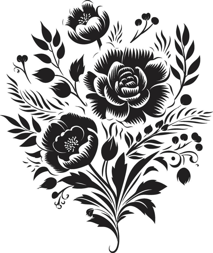 Sculpted Petal Fusion Black Vector Bouquet Emblem Gothic Floral Medley Decorative Black Icon