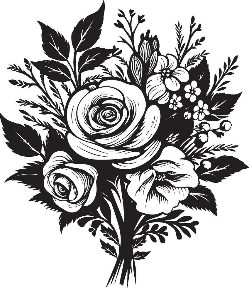 Vintage Blossom Medley Black Vector Bouquet Midnight Bloom Elegance Black Floral Emblem