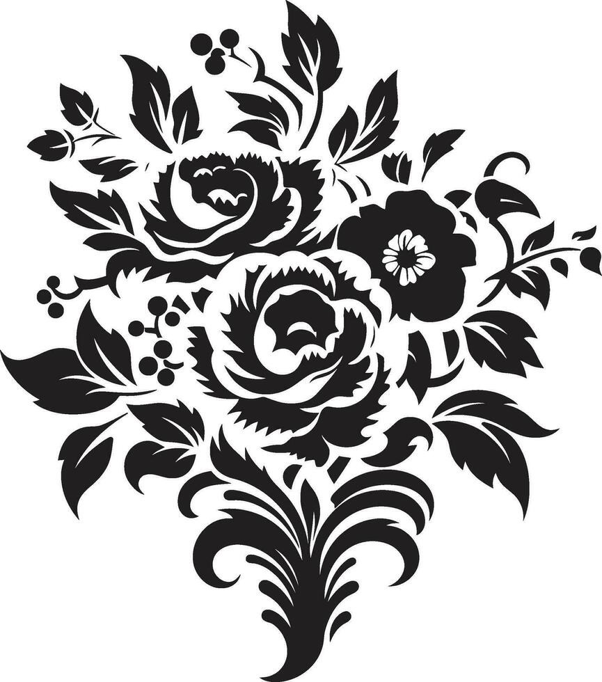 Harmonious Bouquet Fusion Black Emblem Design Elegant Petal Cluster Decorative Black Logo vector