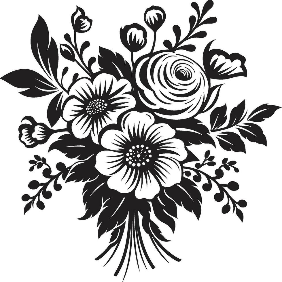 Whispering Bloom Medley Decorative Black Vector Emblem Regal Petal Posy Black Icon Design