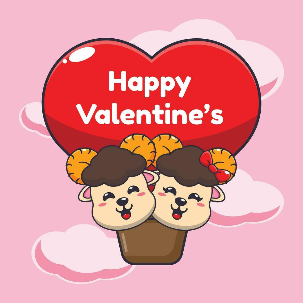 Cute ram sheep cartoon character fly with air balloon in valentine's day. vector