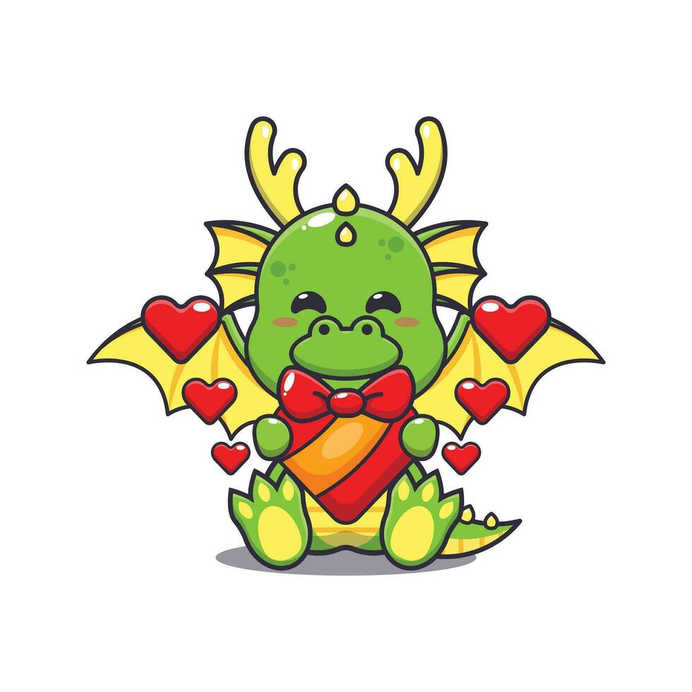 Cute dragon happy with love gift in valentine's day. vector