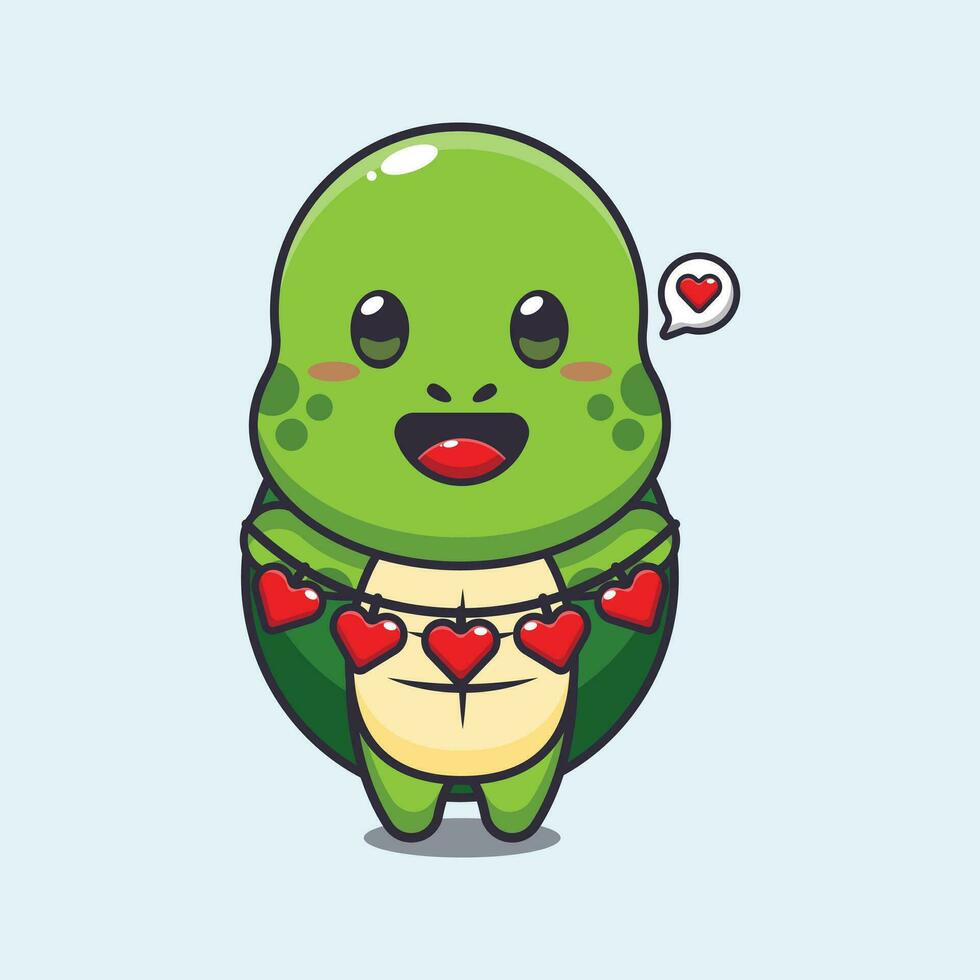 Cute turtle cartoon character holding love decoration. vector