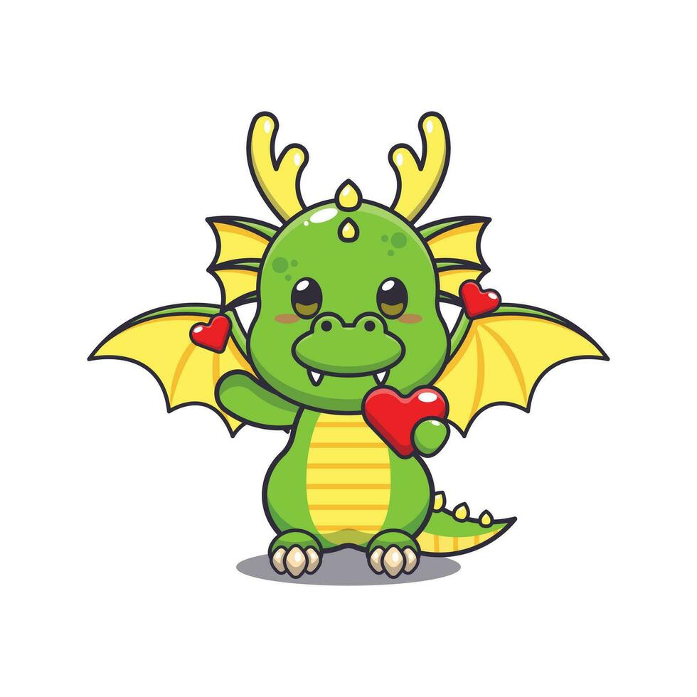 Cute dragon cartoon character holding love heart at valentine's day. vector