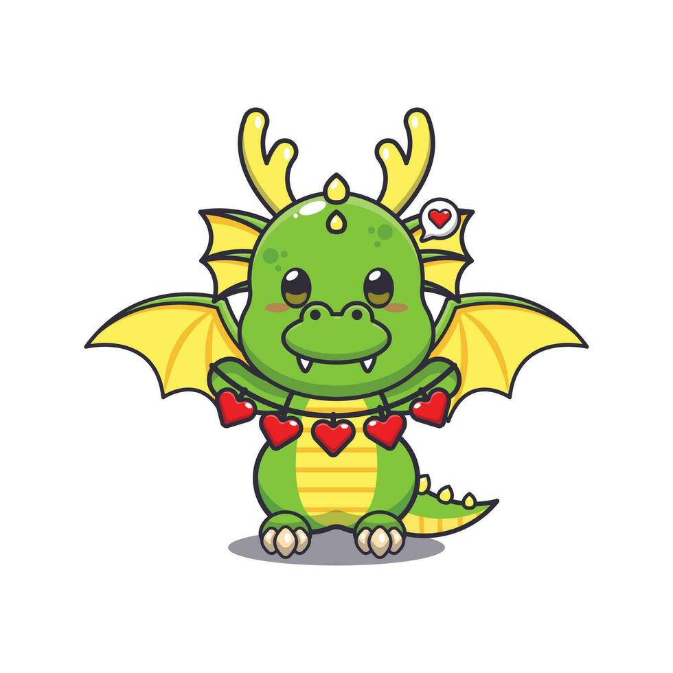 Cute dragon cartoon character holding love decoration. vector