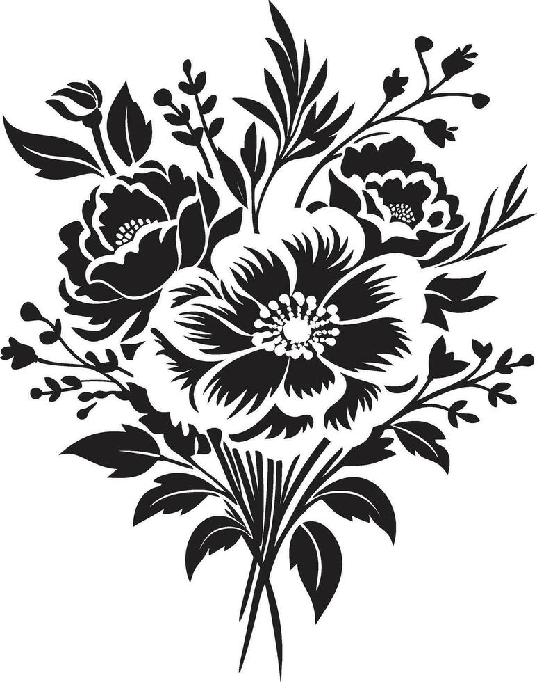 intrincado ramo de flores popurrí negro vector logo caprichoso floral montaje decorativo negro icono