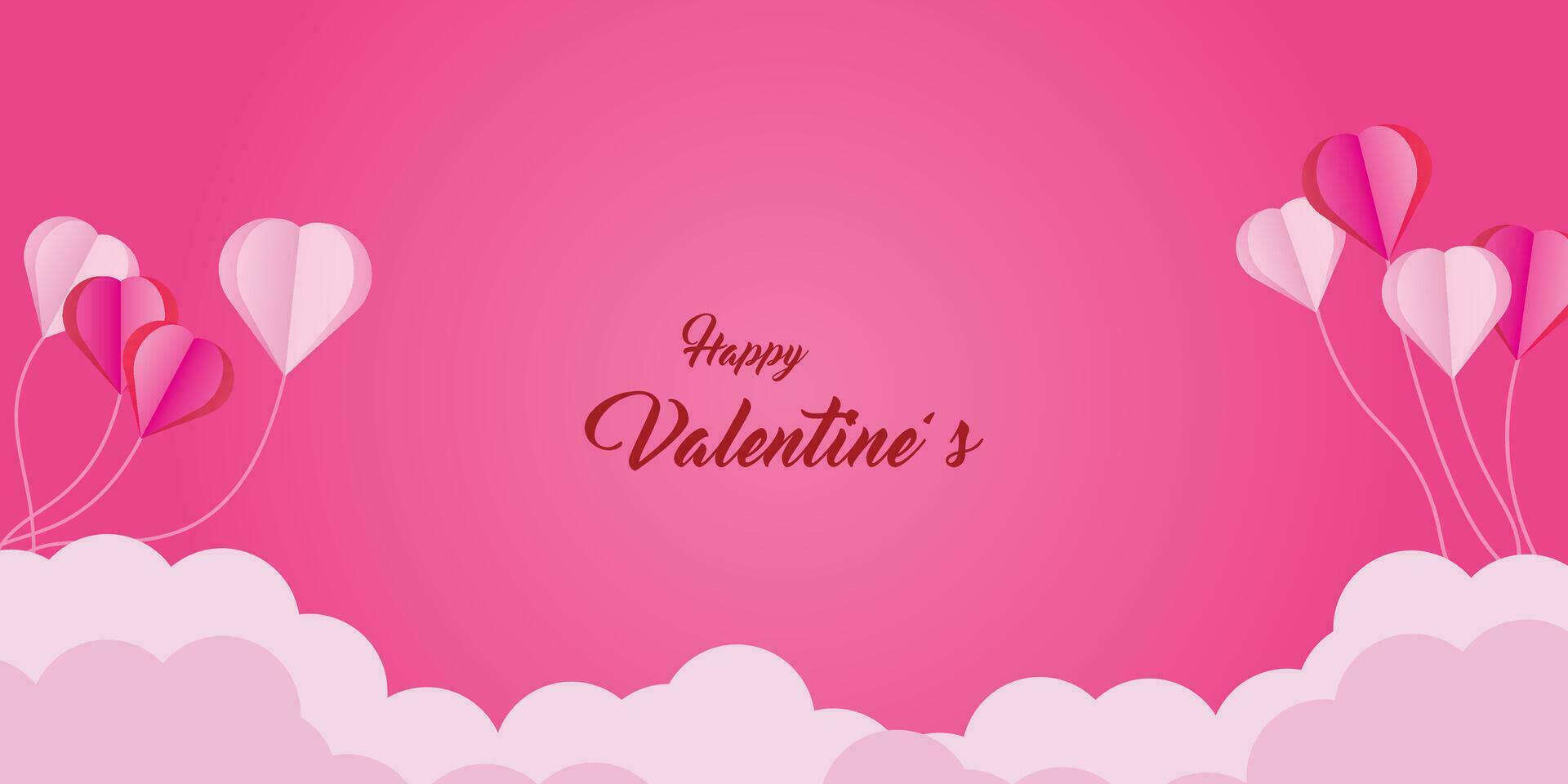 Background design with paper cut clouds. Place for text. Happy Valentine's Day sale header with hanging hearts. vector