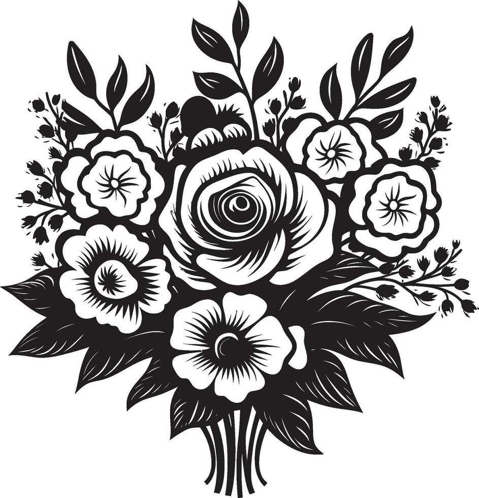 Intricate Floral Medley Black Vector Logo Whimsical Bouquet Assembly Decorative Black Icon