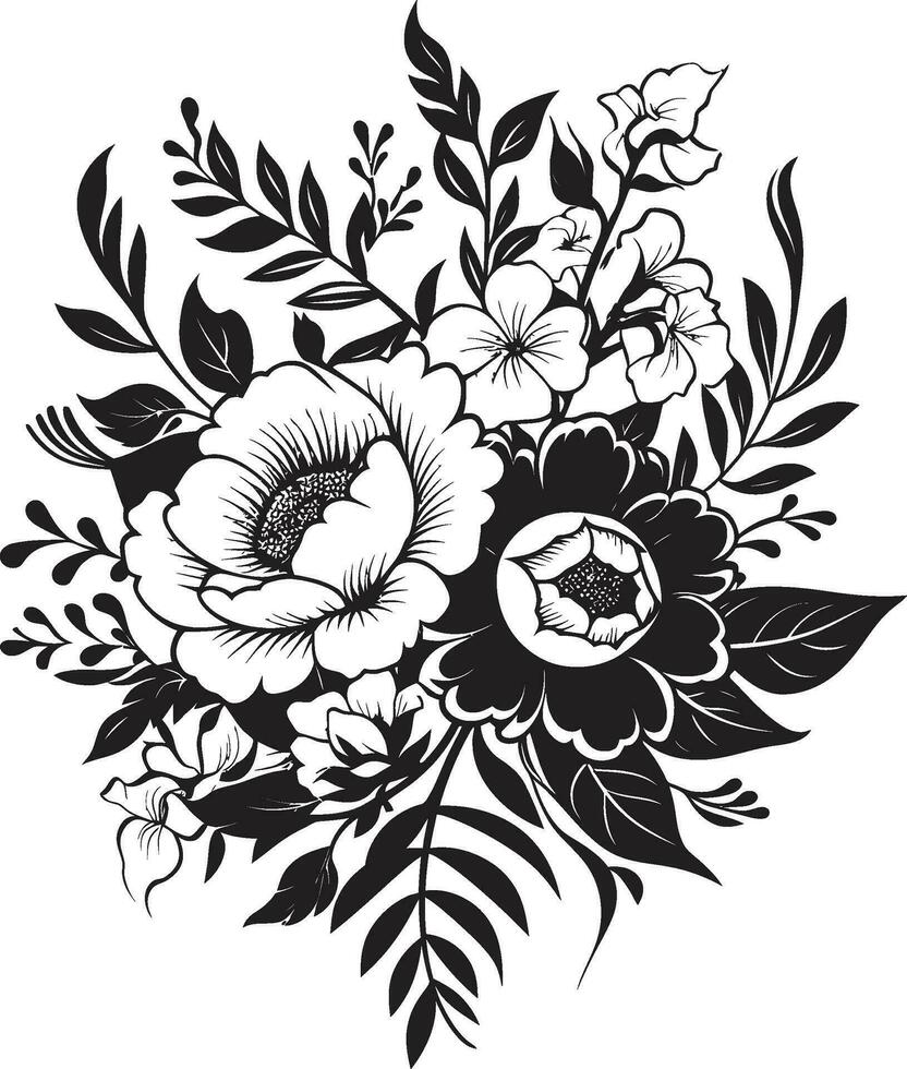Botanic Elegance Black Floral Bouquet Ethereal Bloom Cluster Decorative Black Emblem vector