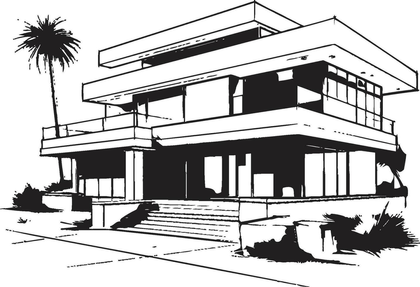 Urban Villa Sketch Sleek City House in Crisp Black Cityline Mansion Silhouette Villa Vector Outline in Bold Black