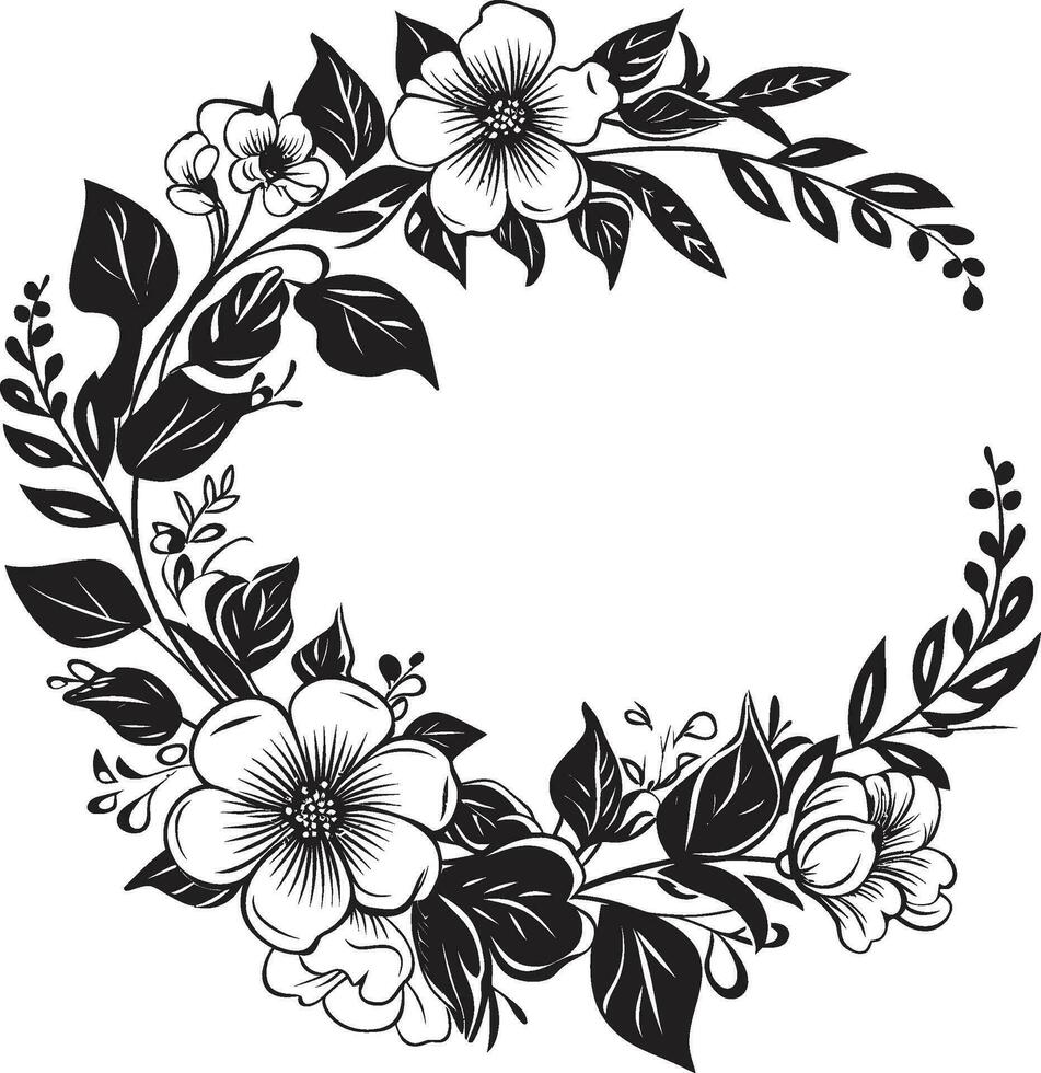 Graceful Floral Sketch Black Wreath Emblem Chic Wedding Petal Design Vector Emblem