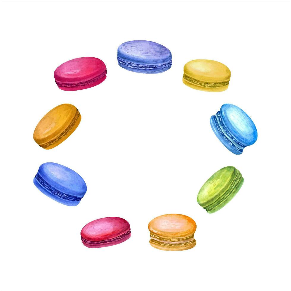 French macaroons. Wreath with almond cookies, macaron cake. Sweet berry, fruit dessert, cream. vector