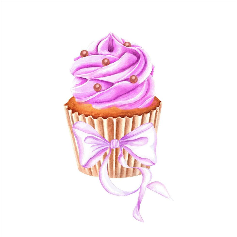 Cupcake decorated with pink bow. Baked cake with whipped cream and sweet sprinkles. Dragee, candy, heart-shaped caramel. Muffin in paper wrapper. Watercolor illustration. For package, menu vector