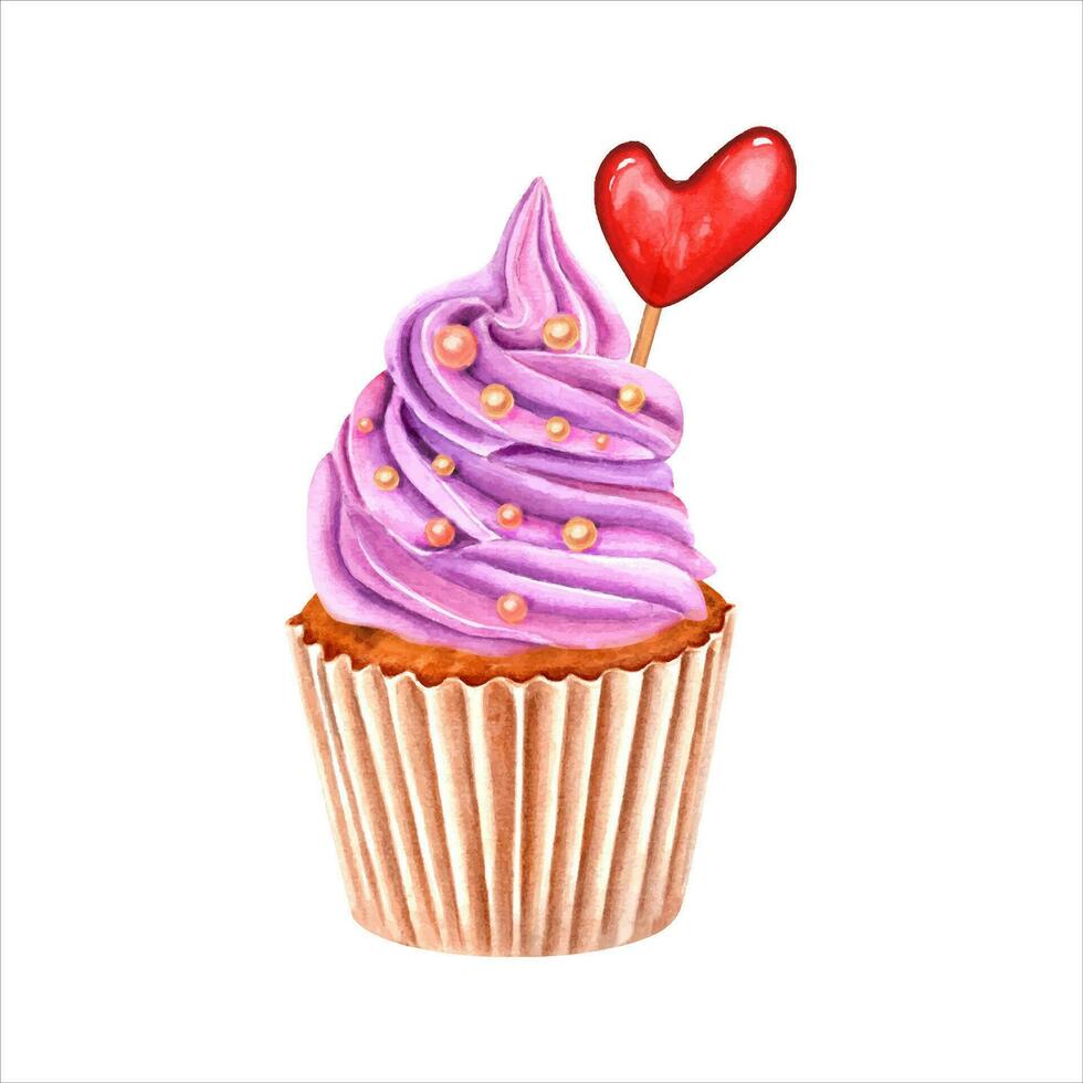 Muffin decorated with pink whipped cream and sweet sprinkles. Dragee, candy, pastry. Heart-shaped caramel on stick. Cupcake in paper wrapper. Watercolor illustration. For package, menu. vector