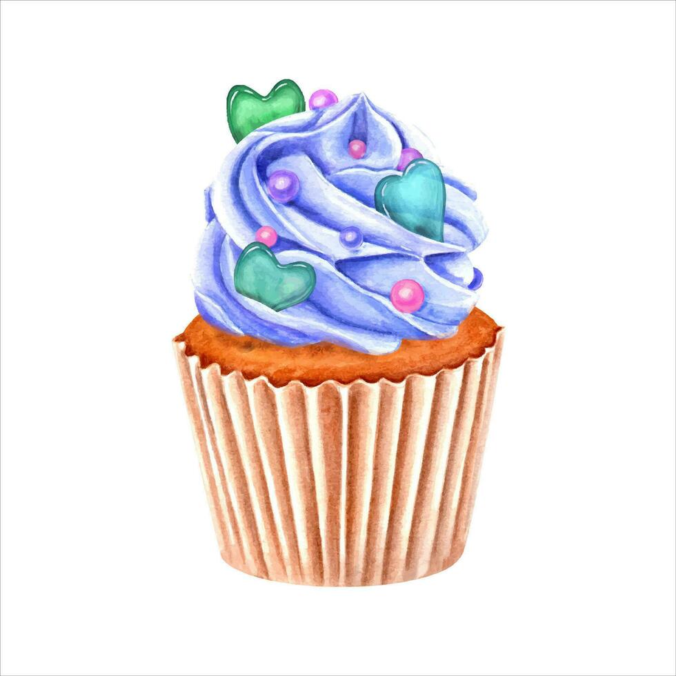 Muffin decorated with blue whipped cream and sweet sprinkles. Baked cake. Dragee, candy, heart-shaped caramel. Cupcake in paper wrapper. Watercolor illustration. For package, menu vector