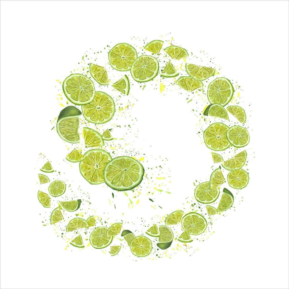 Swirl of lime slices in circular spiral. Ripe citrus fruits on splashes of juice. Yellow green swirl vector