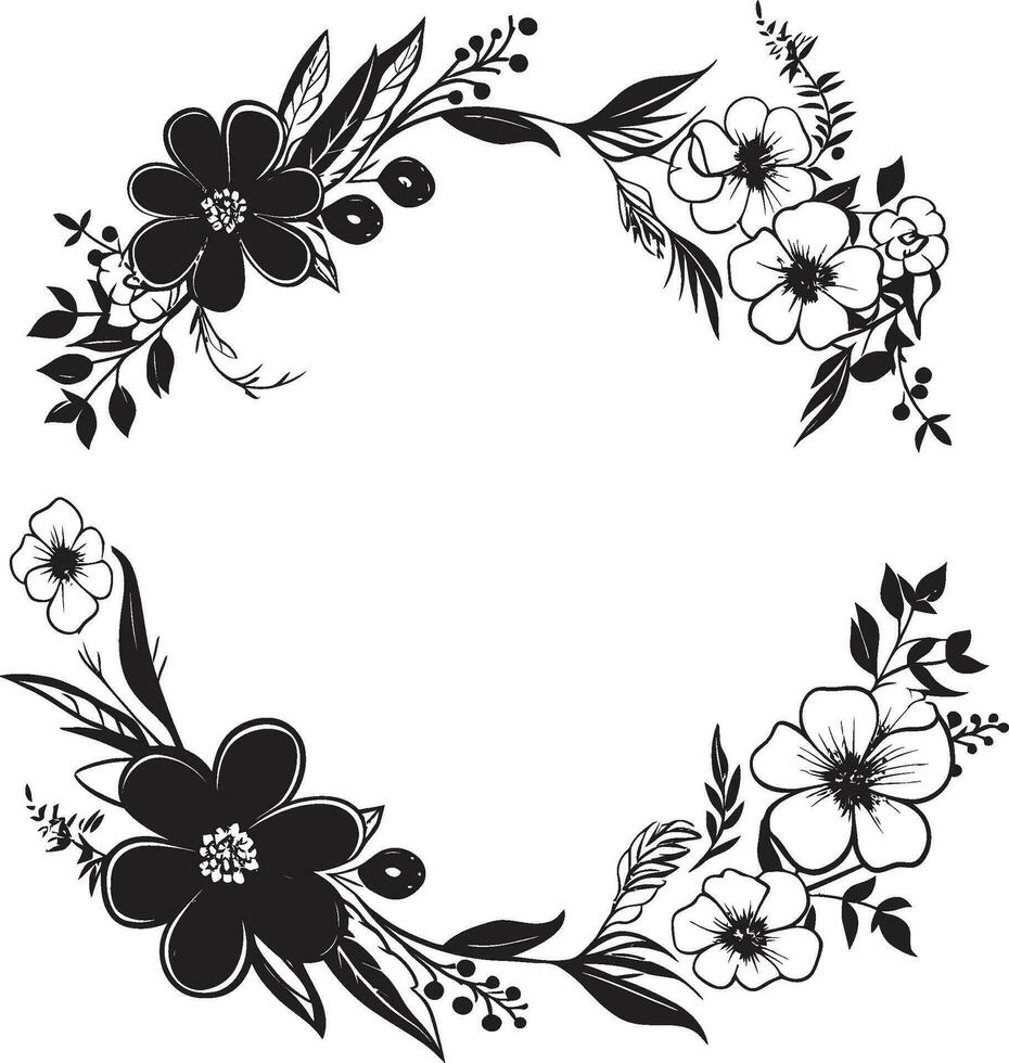 Graceful Floral Surround Black Frame Emblem Botanic Petal Wreath Decorative Black Icon vector