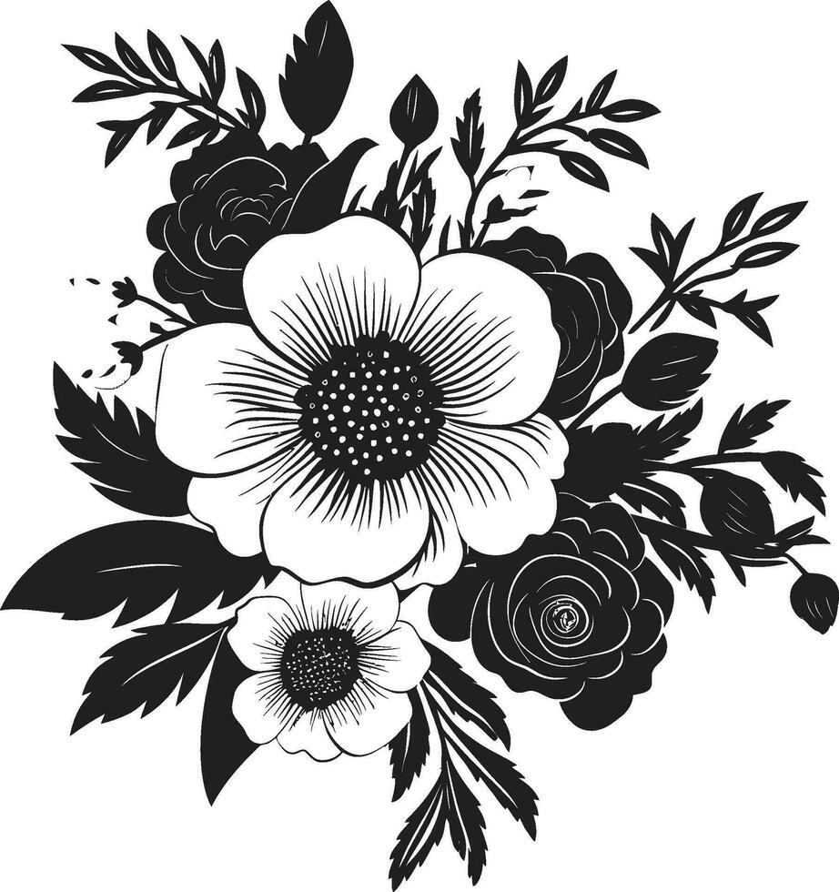 Graceful Petal Fusion Decorative Black Emblem Botanic Flower Medley Black Bouquet Icon vector