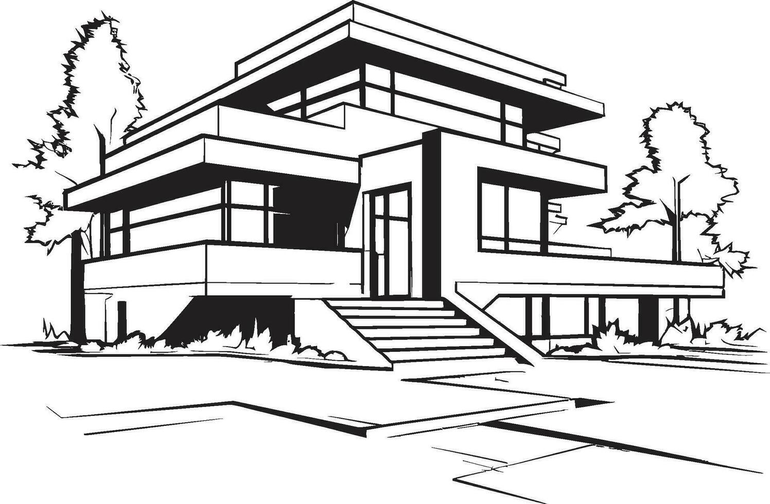 Trendy Urban Residence Villa Outline in Sharp Black Chic Cityline Villa Villa Vector Outline in Urban Flair