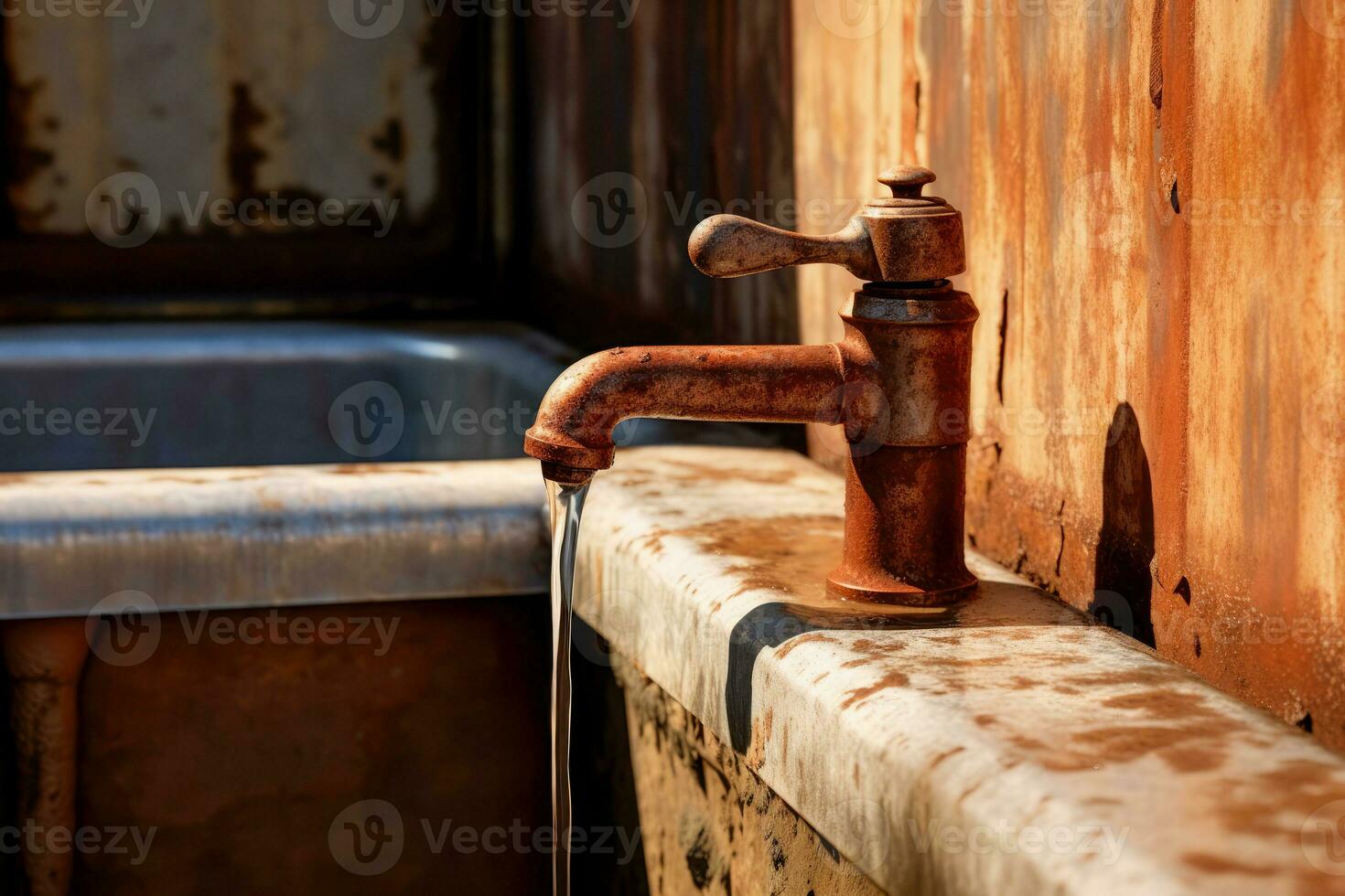 ai generado antiguo oxidado agua grifo en un antiguo oxidado lavabo en el jardín, afuera. concepto de agua conservación, agua purificación foto