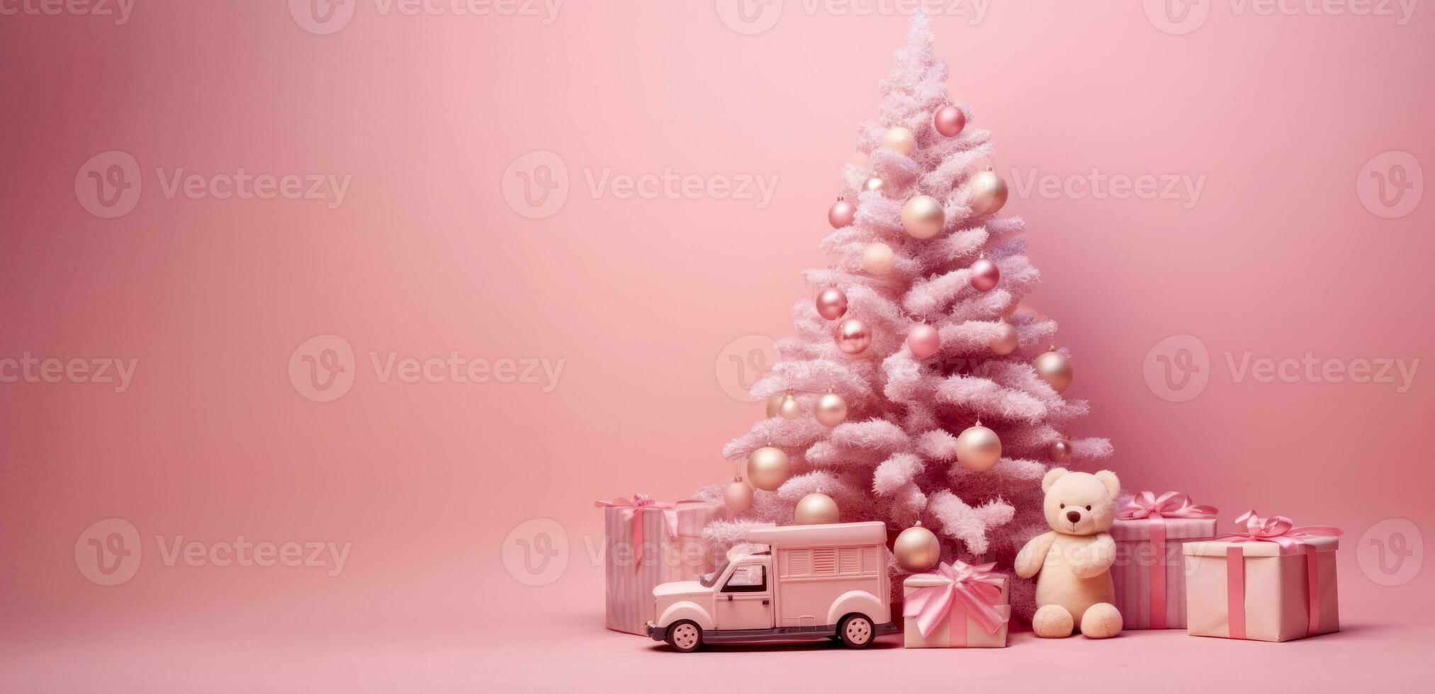 AI generated Generated image Christmas pink background with New Year tree and gift toys, Christmas gift box, fir tree and decorations on pink layout. Close-up with copy space. photo