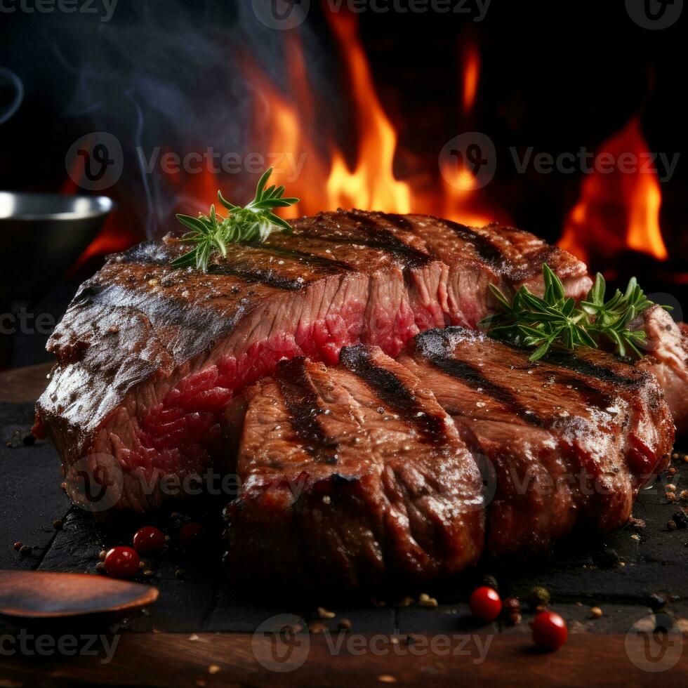 AI generated A large piece of steak, close-up meat is fried on an open fire in a restaurant. Close-up of meat. Open fire in the oven photo