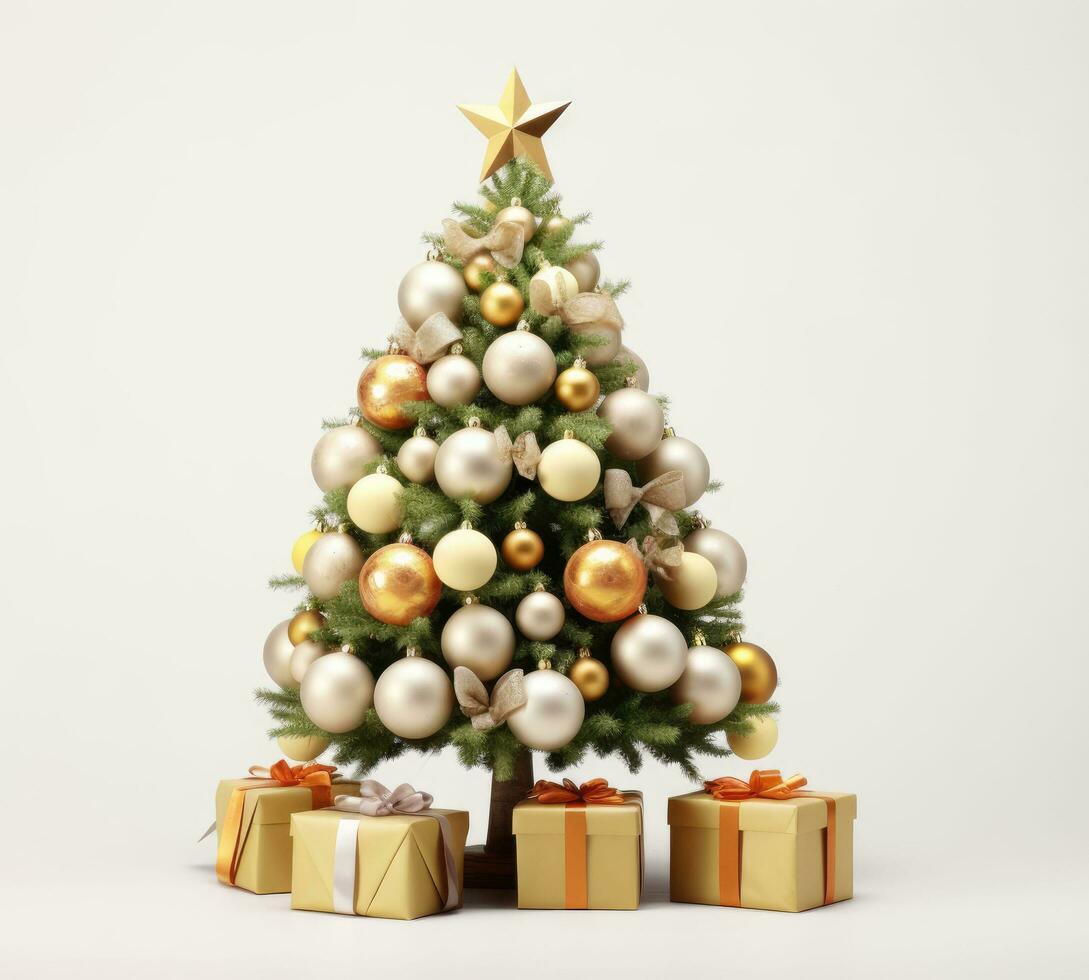 AI generated Christmas tree with decorative ornaments on a white background. Isolated object, white background, cut out object. photo