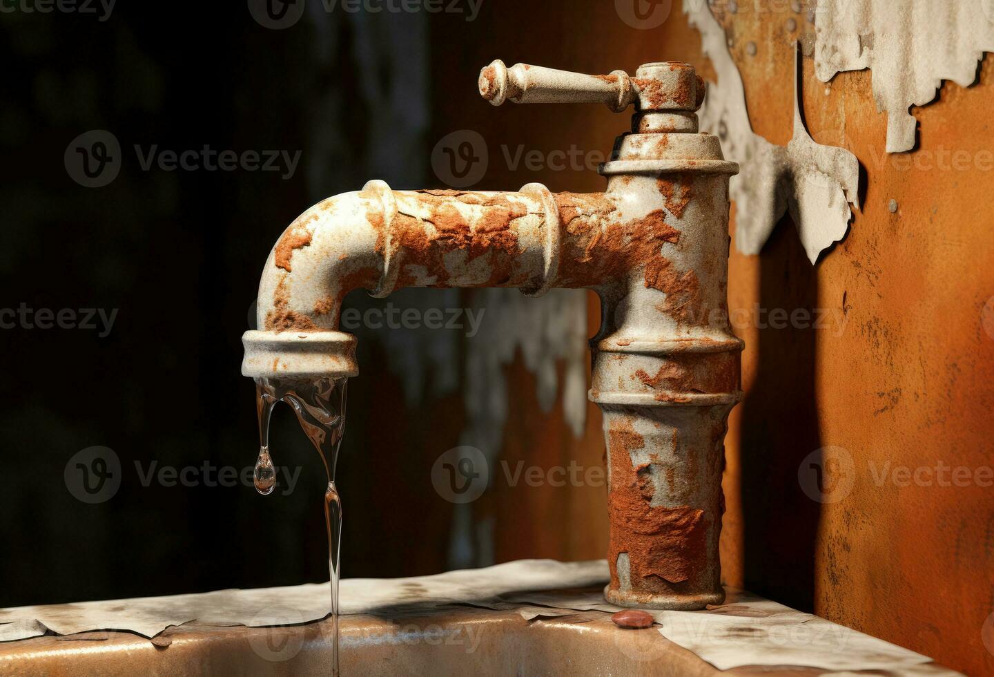 ai generado antiguo oxidado agua grifo en un antiguo oxidado lavabo en el jardín, afuera. concepto de agua conservación, agua purificación foto