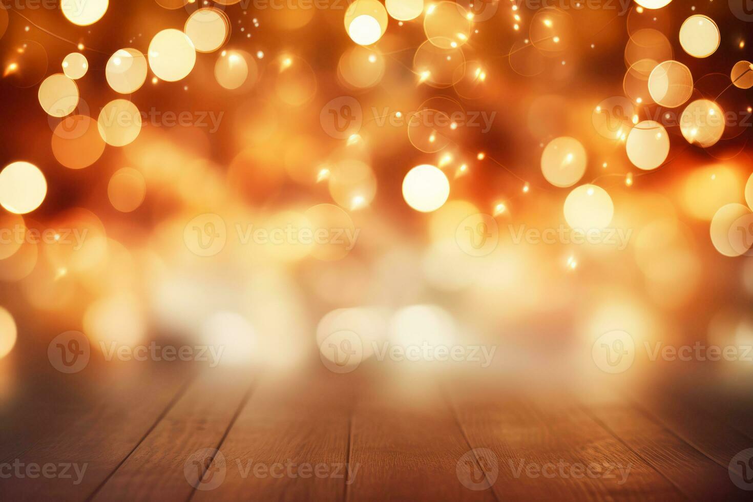 AI generated Golden Christmas lights defocused in bokeh effect. Copy space. Can be used for New year celebration photo