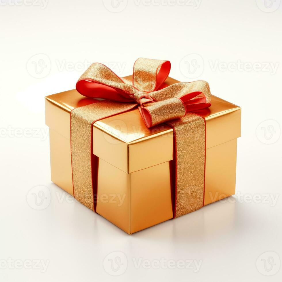 AI generated Golden gift box with a beautiful golden bow, on a white background. Isolated object, white background photo